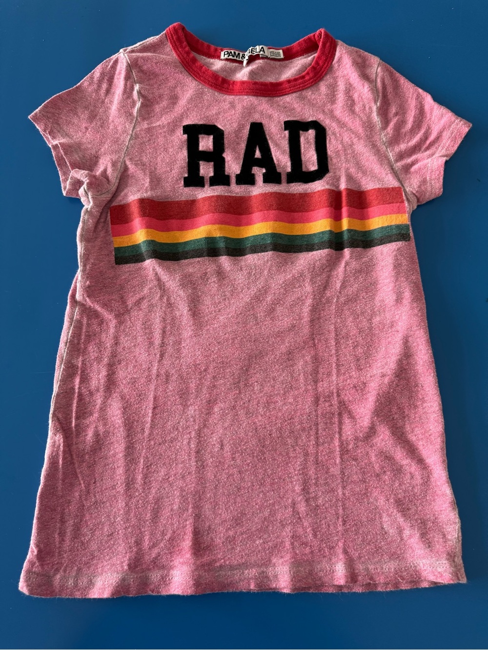 Pam & Gela Pink Short Sleeve Tee with 'RAD' & Rainbow Stripes. Size XS.
